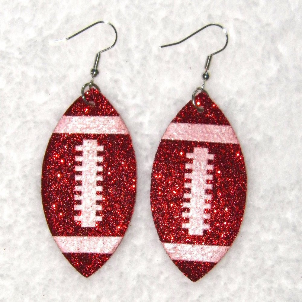 Red Glitter Football Silver Earrings
